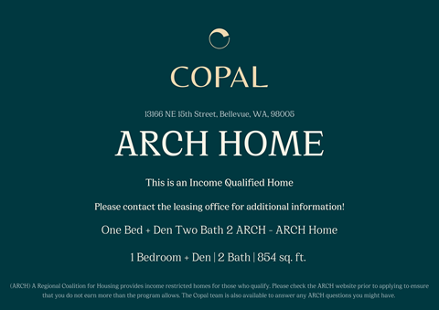 A poster advertising an income qualified home with one bedroom and two bathrooms.